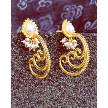 Spiral Pearl Studded Gold Dangler Earrings